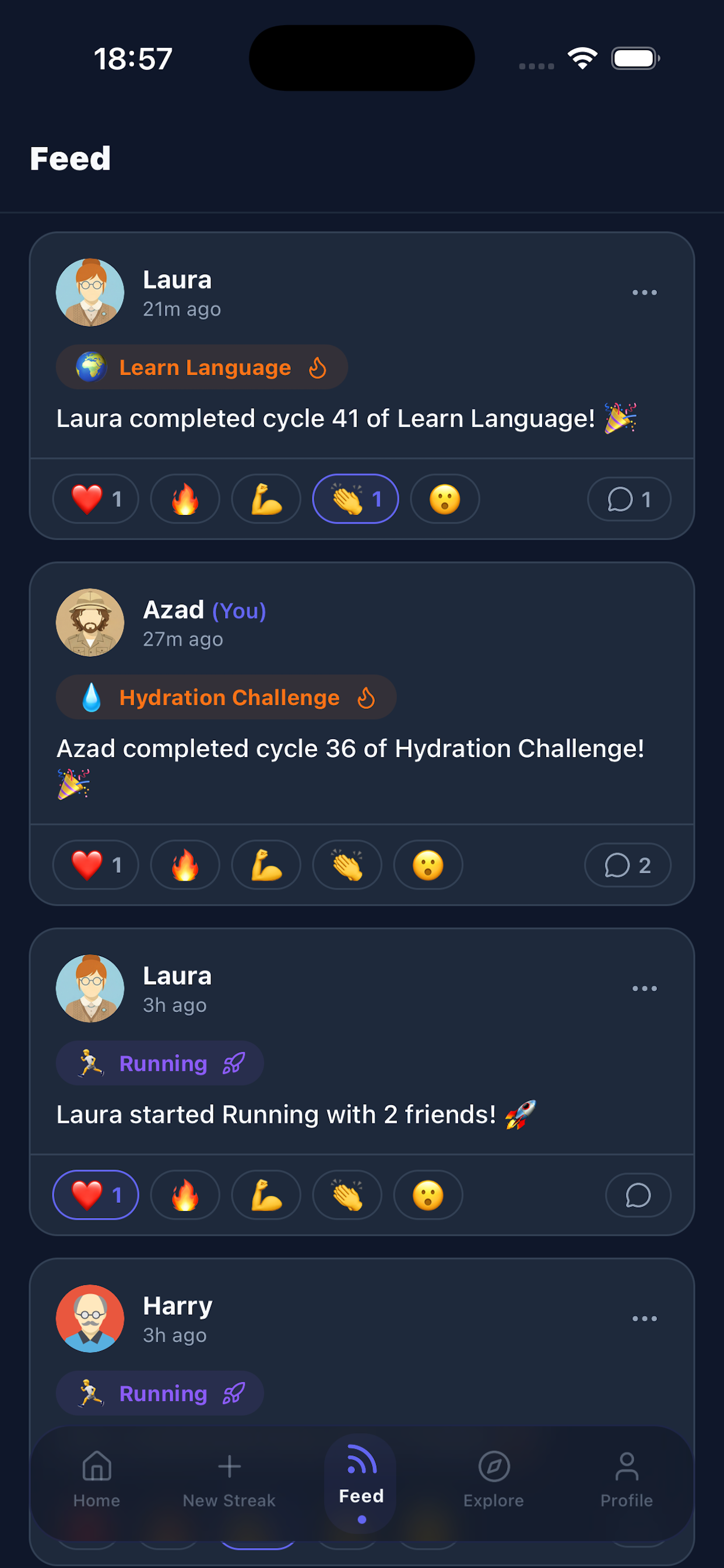 DuoStreak app – social activity feed with emoji reactions and comments