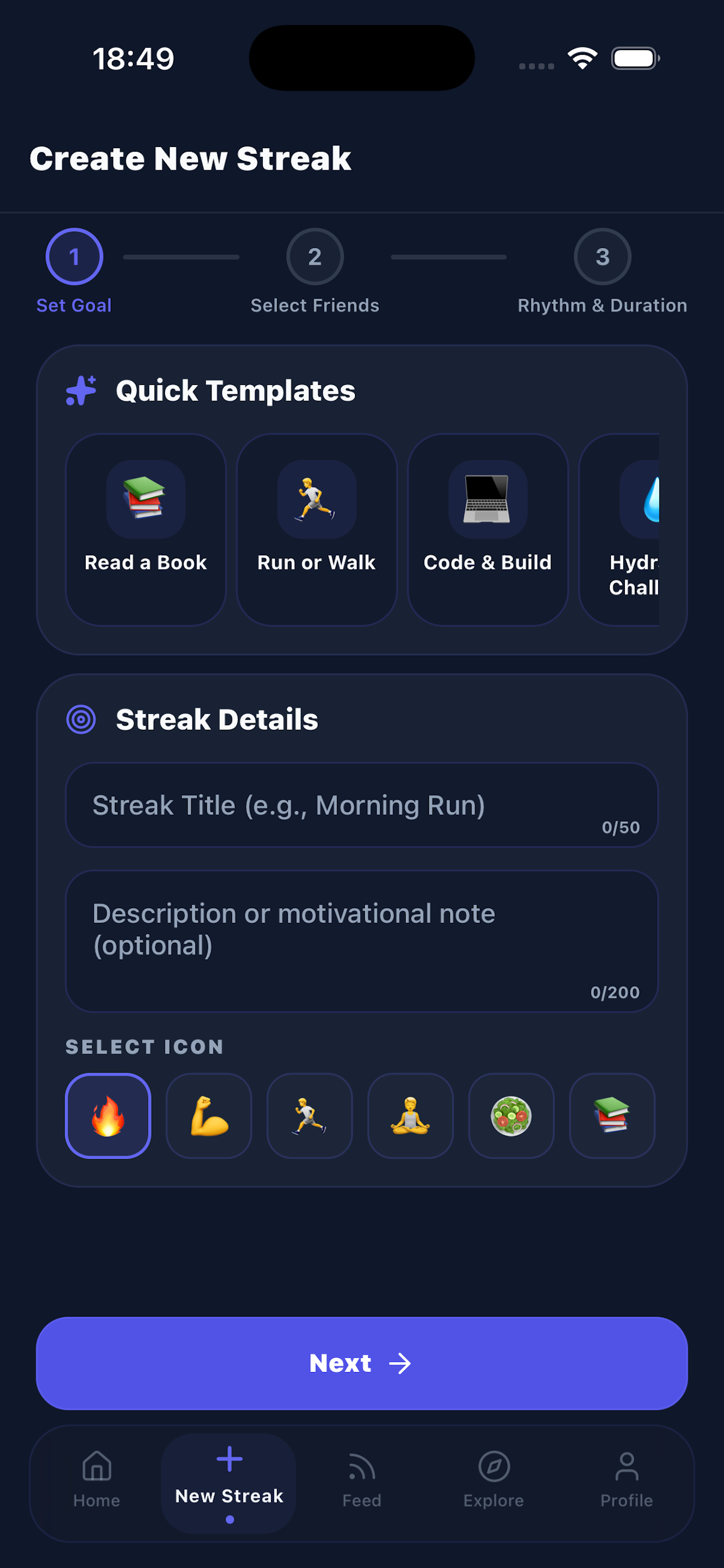 DuoStreak app – create a new habit streak with quick templates and custom rhythms