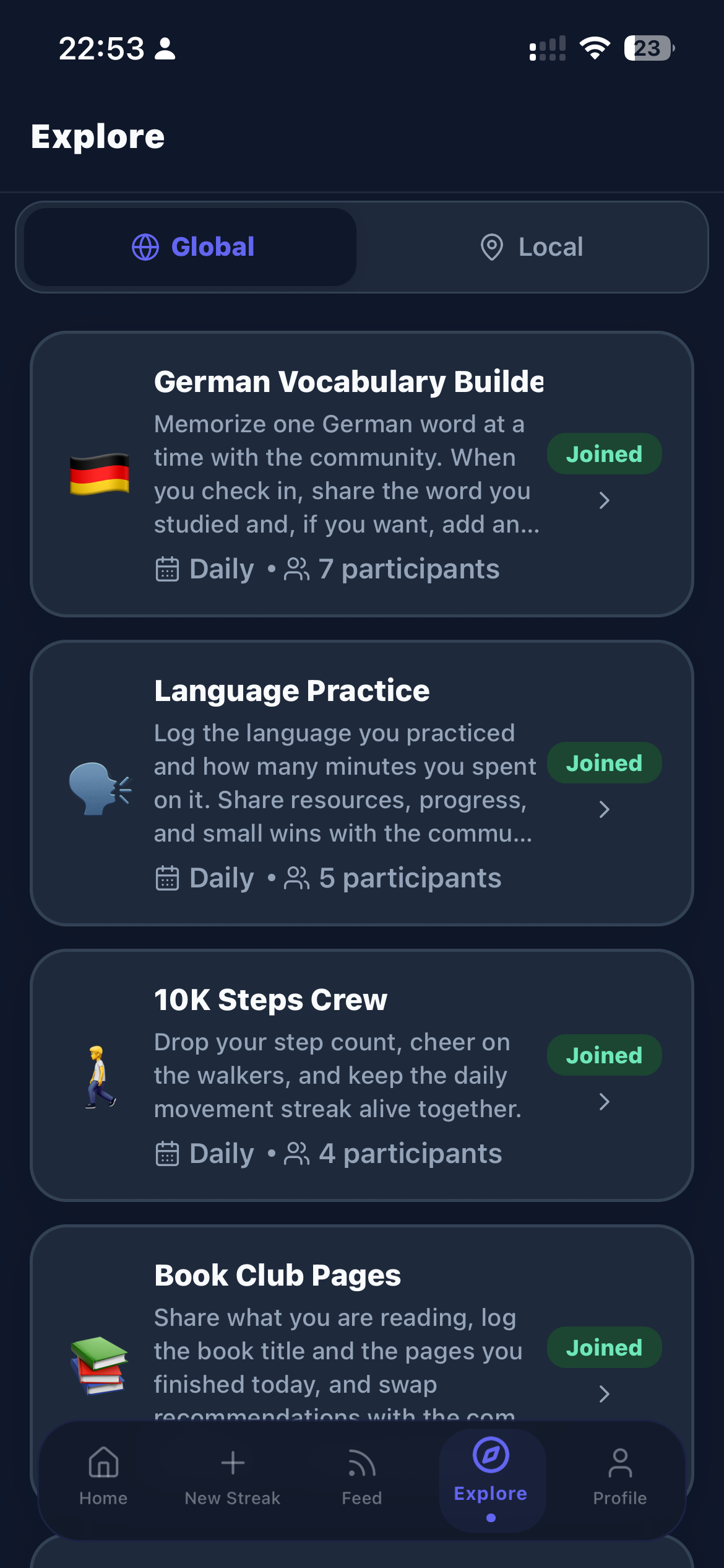 DuoStreak app – Explore tab listing global and local public challenges you can join