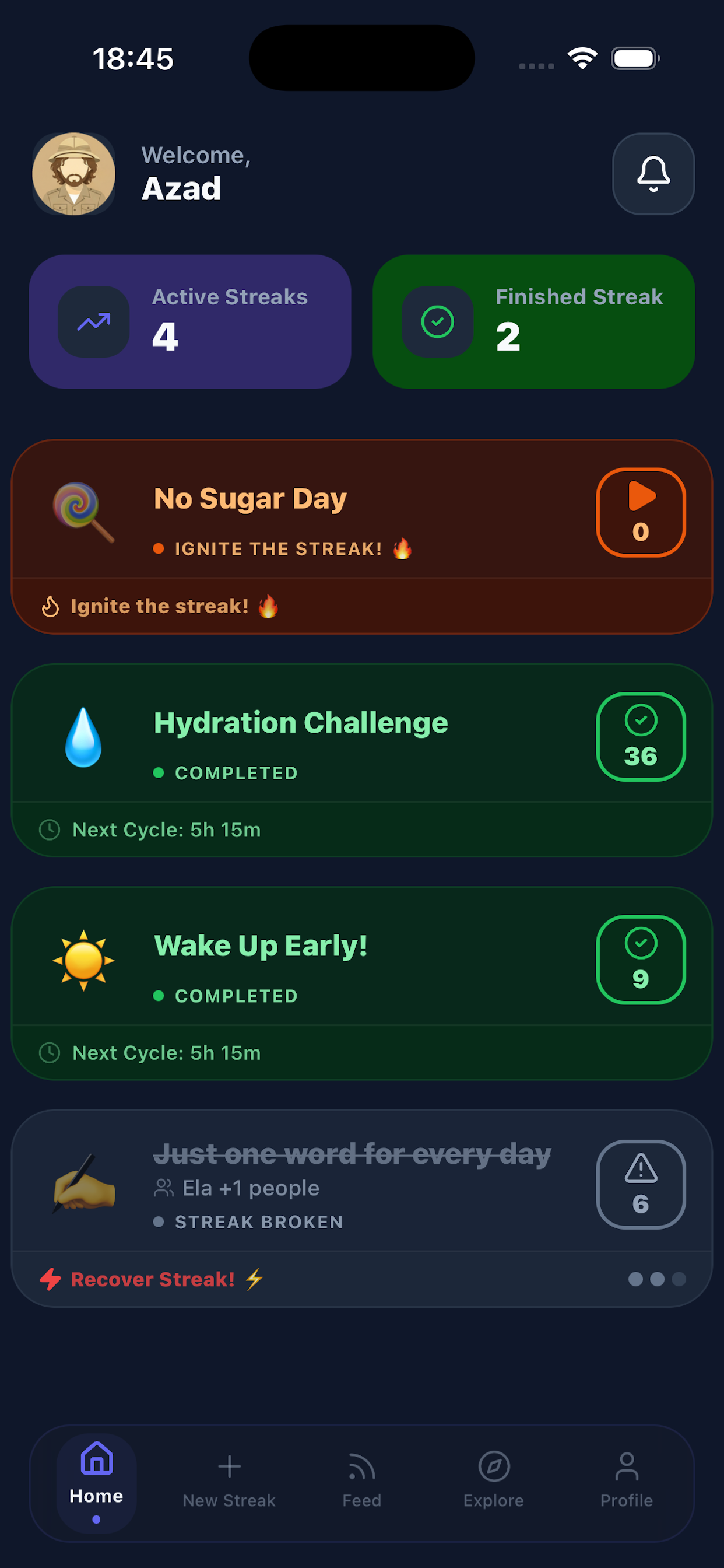 DuoStreak habit tracker home screen showing daily streaks
