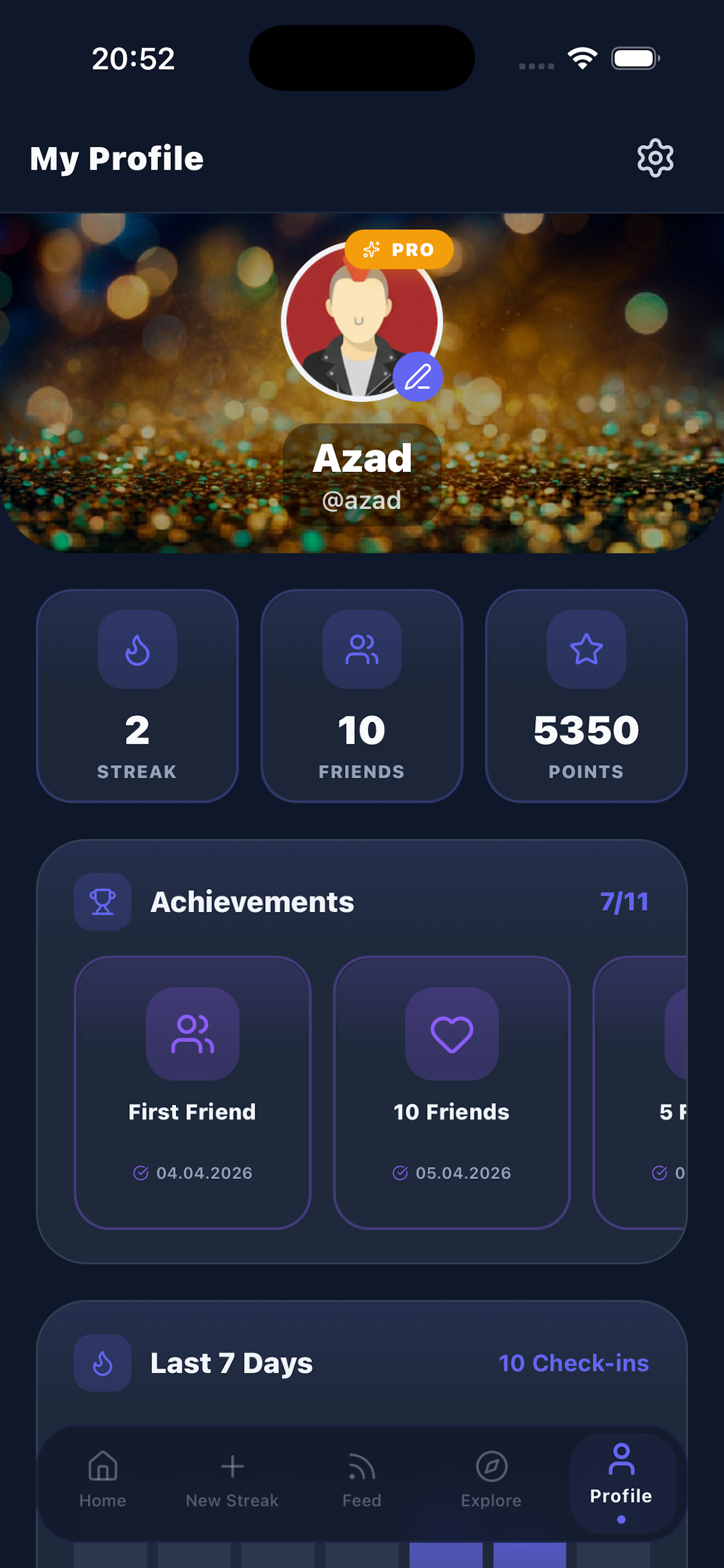 DuoStreak app – Pro subscriber profile with a custom premium background