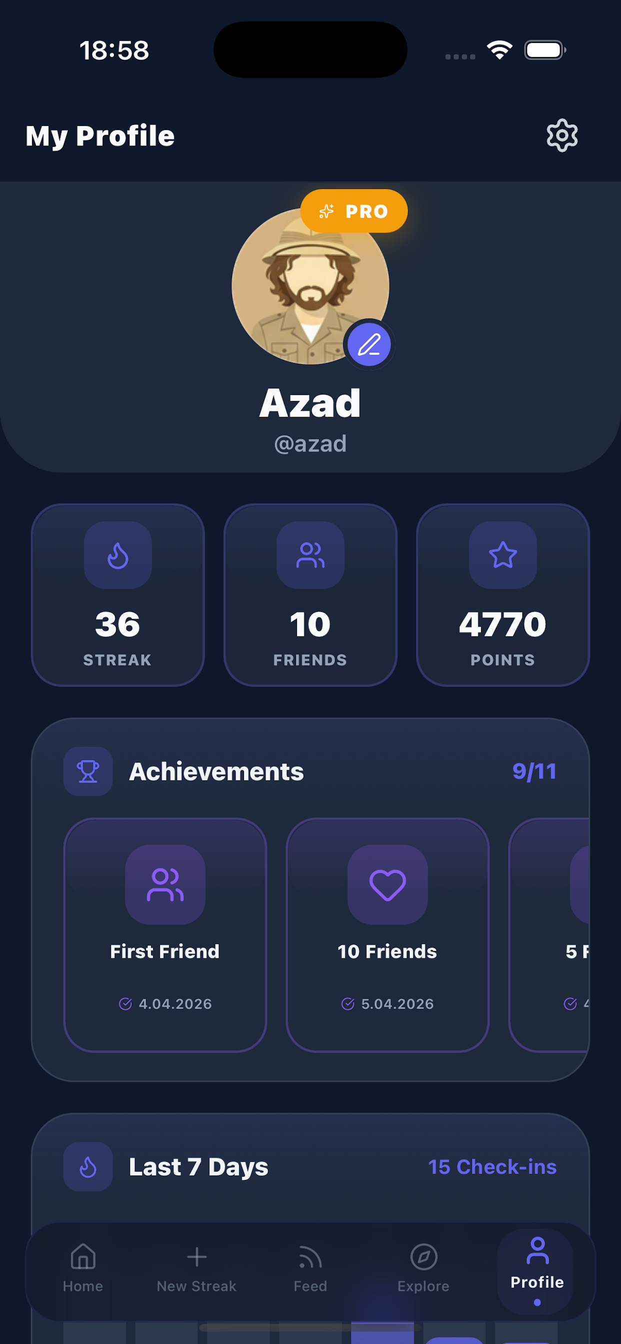 DuoStreak app – user profile with achievements, streak count, and points