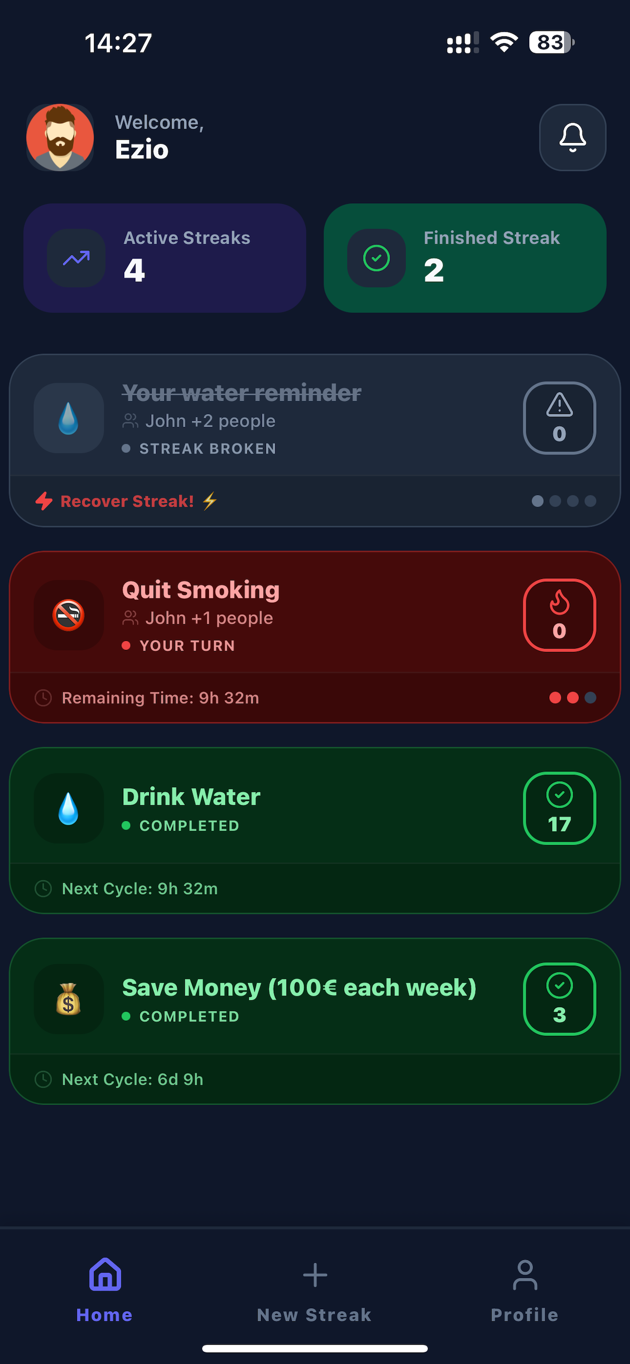 DuoStreak habit tracker home screen showing daily streaks