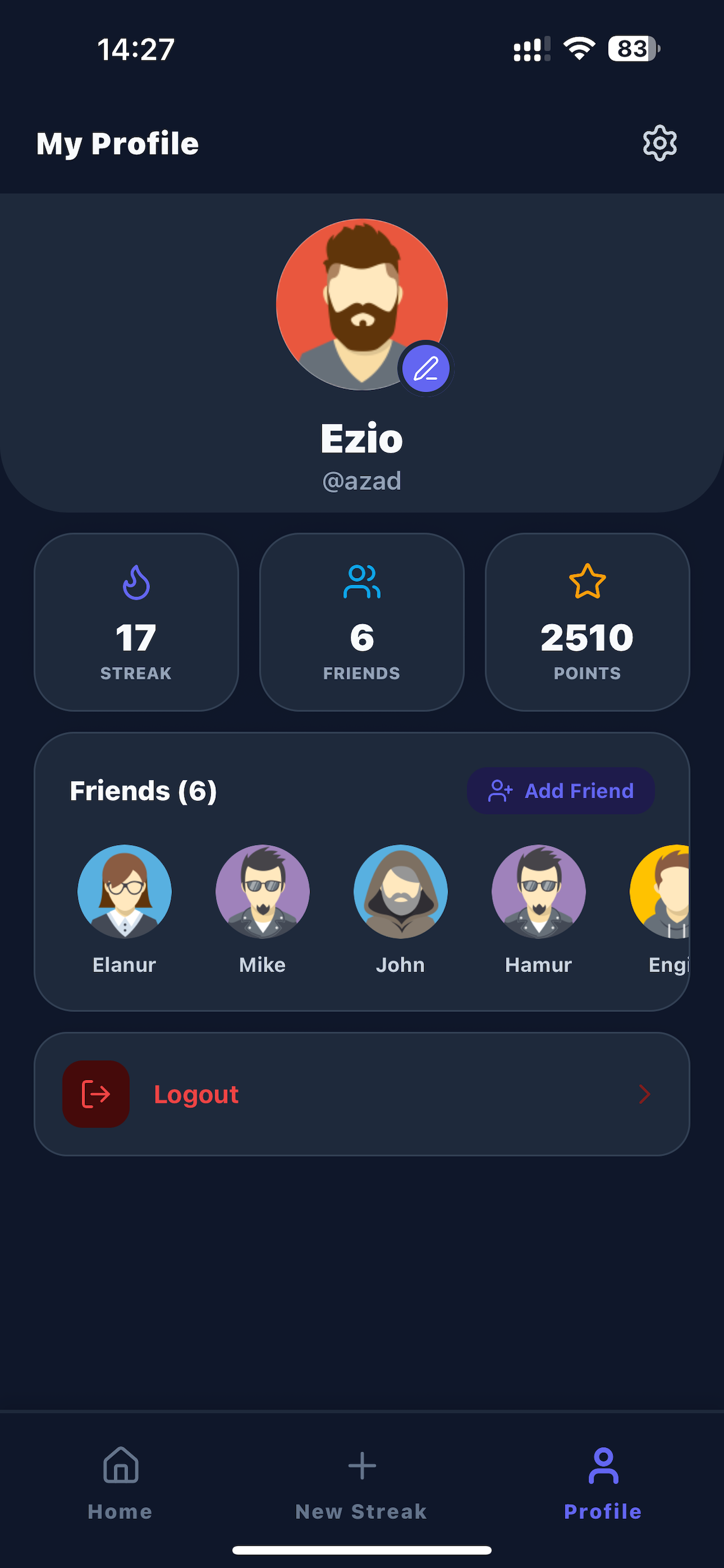 DuoStreak app – user profile with avatar customization and streak stats